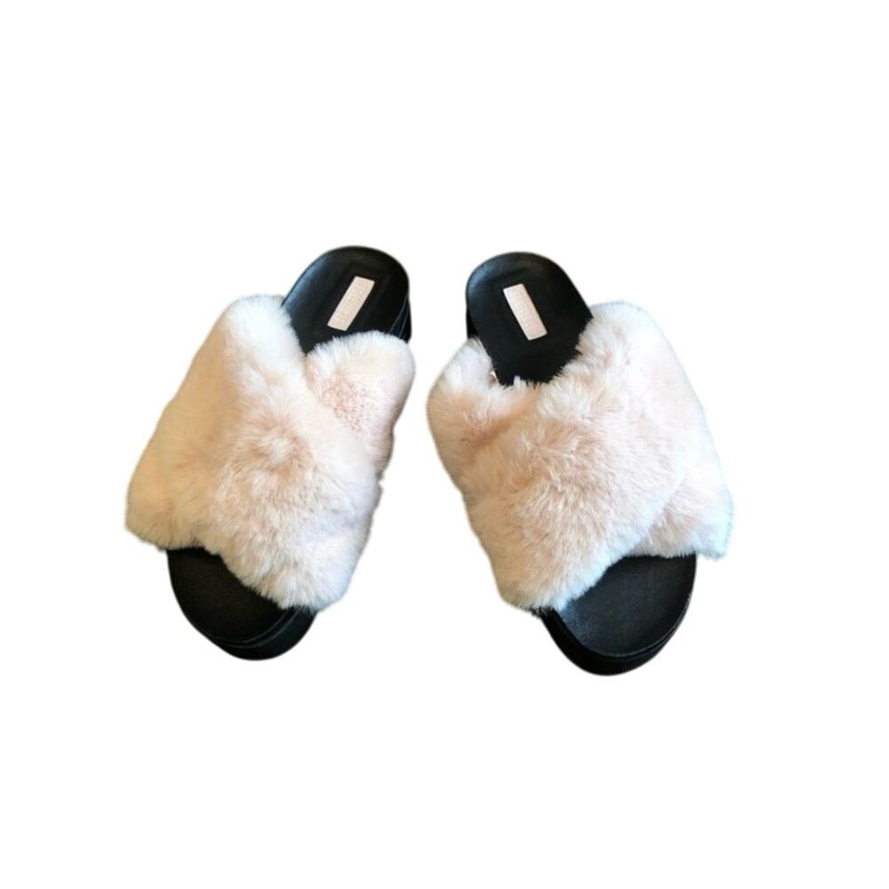 NWT Forever 21 Faux Fur Platform Slides Slippers Shoes Womens Size 9 Pink Black